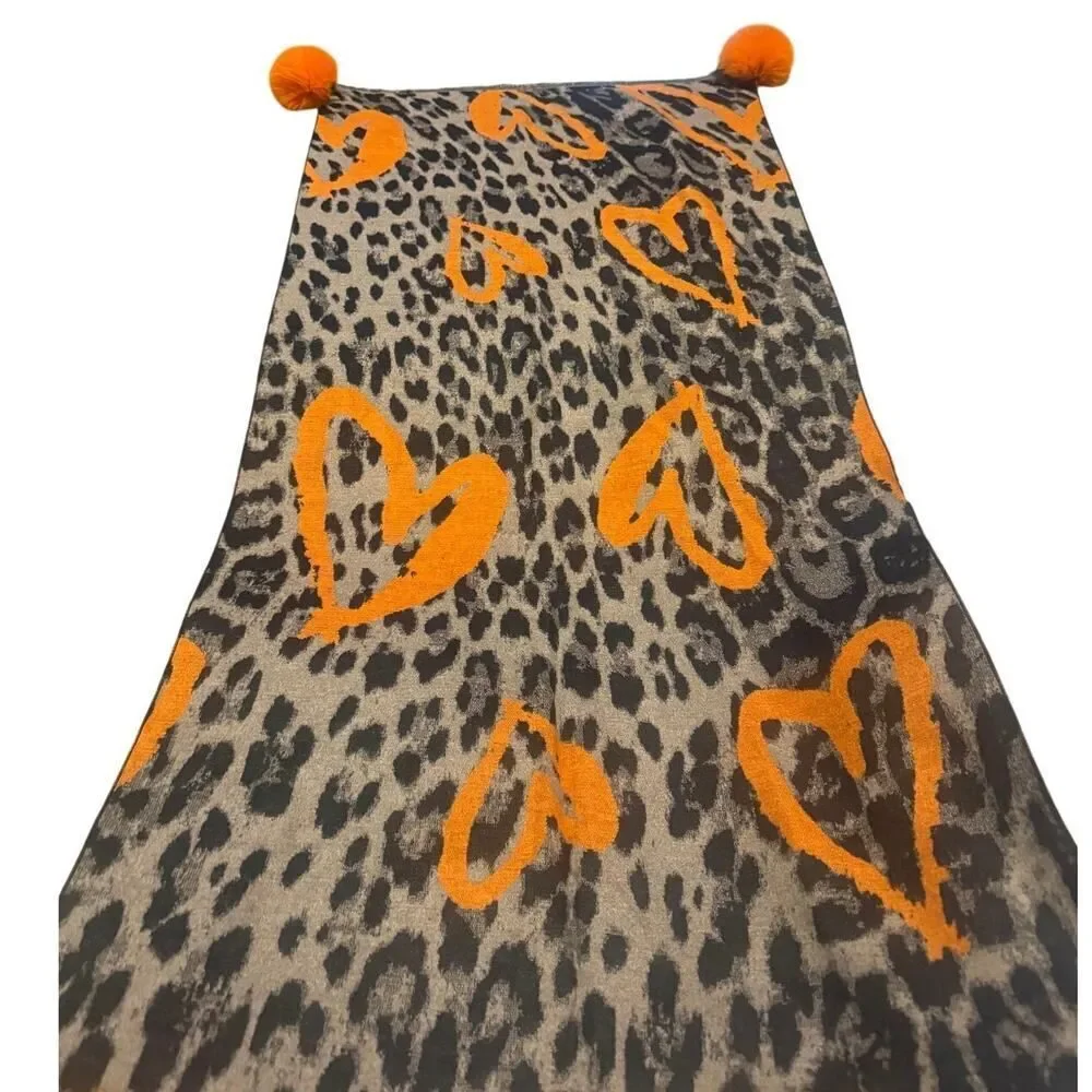 LaBelle Furs Wide Woven Leopard Print Heart Scarf with Fox Pom Poms